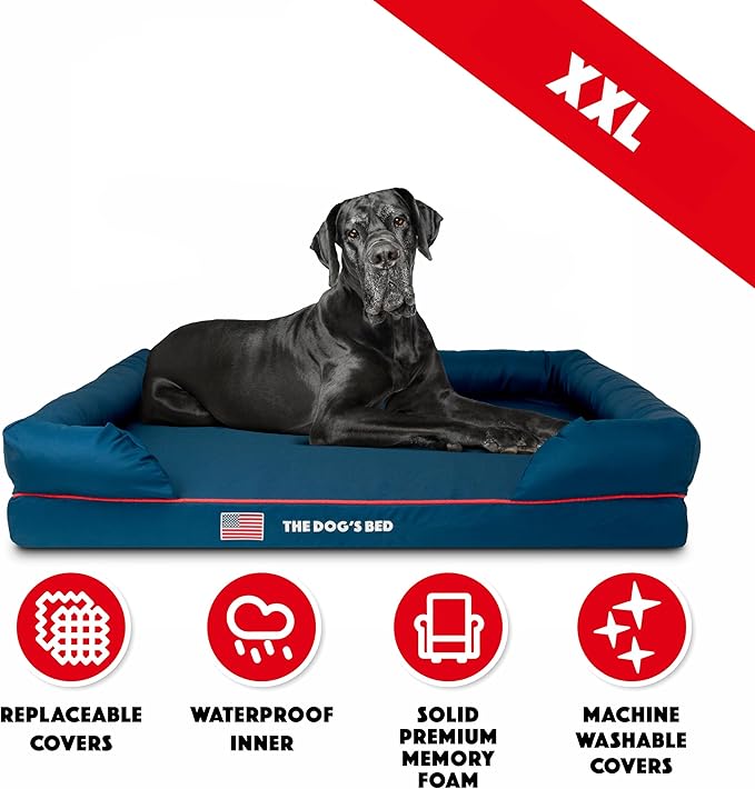The Dog’s Bed Orthopedic Memory Foam Dog Bed with Bolsters, Oxford Fabric, Blue with Dark Red Trim, XXL