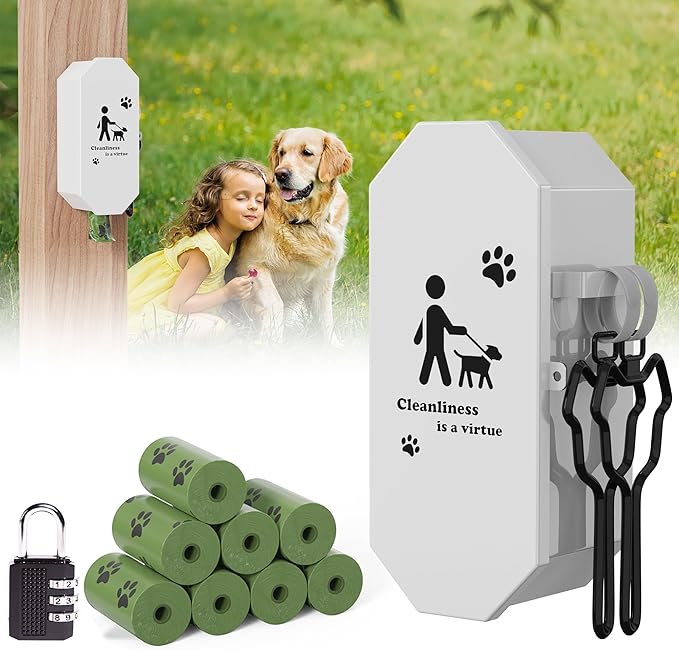 Dog Poop Bag Dispenser Wall Mount with 2Pcs Holders and 8 Rolls of Waste Bag, Metal, Corrosion-resistant, Combination Lock, Dark Gray, Suitable for Outdoor, Indoor, Raising Dogs