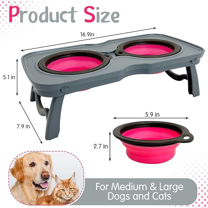 PINVNBY Elevated Dog Bowls Portable Raised Dog Bowl Stand with 2 Collapsible Silicone Food Bowl Non-Slip Travel Bowls for Medium Dogs and Cats (16.9" L x 7.9" W x 5.1" H)