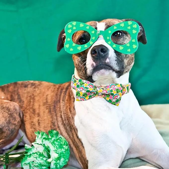 Elegant little tail St. Patrick's Dog Collar, Green Clover Print Sturdy Soft Dog Collars Pet Gift Puppy Bowtie Adjustable Pet Collars for Medium Dogs