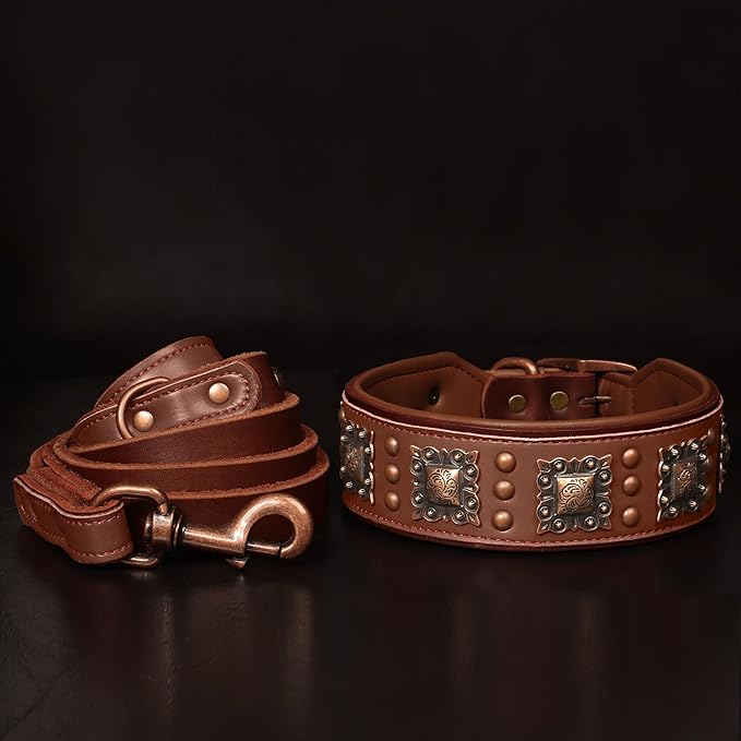 PET ARTIST Genuine Leather Dog Collar for Large Dogs, 2 inch Wide Luxury Dog Collar with Rivet Studded & Metal Buckle, Comfortable & Stylish Pet Collars for Great Dane Rottweiler,Brown,Neck 22-25"