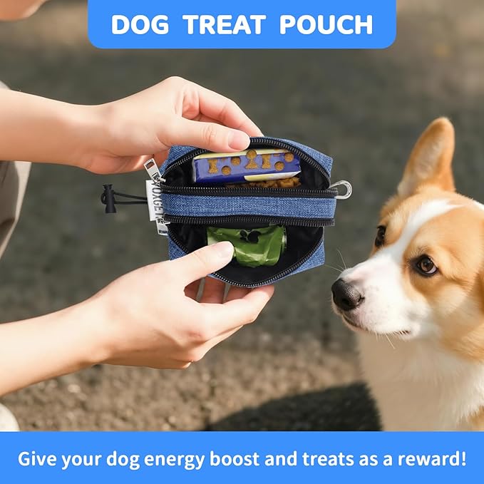 Dog Poop Bag Holder for Leashes, Puppy Treat Pounch Carrier with 2 Zipper Pockets and Clip for Pets Training, Dog Waste Bag Dispenser with 1 Roll Poop Bags for Walking Accessories (Blue)