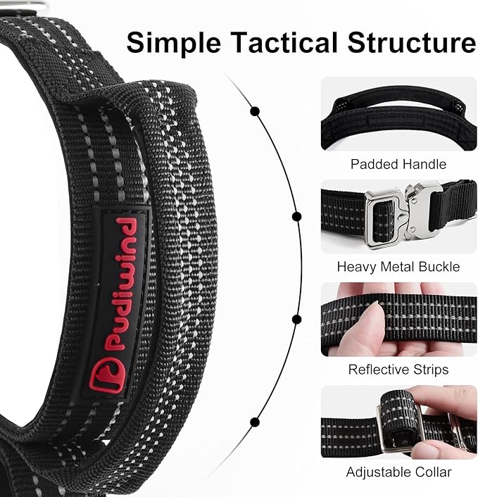 Tactical Dog Collar with Handle, Heavy Duty Nylon Collar With Quick-Release Metal Buckle, Reflective Design, Padded Comfortable Fit, Adjustable 17in-22in for Medium, Large Dogs(L, 1in, Black)