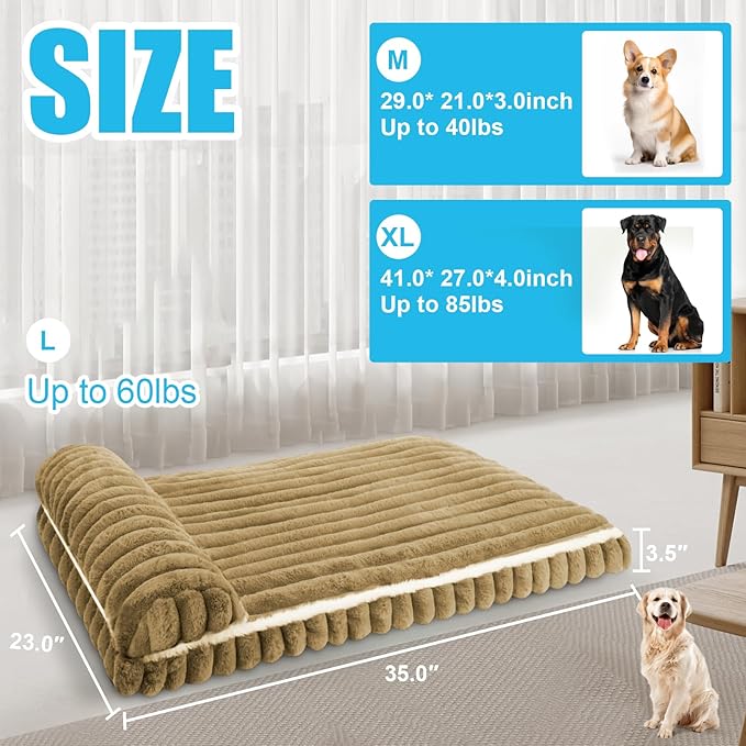 Comfort Dog Beds for Large Dogs,Dog Bed with Removable Washable Cover, Deluxe Plush Dogs Beds for Crate with Pillow, Anti-Slip Pet Mat Mattress for Kennel with Durable Zipper(Brown,L)