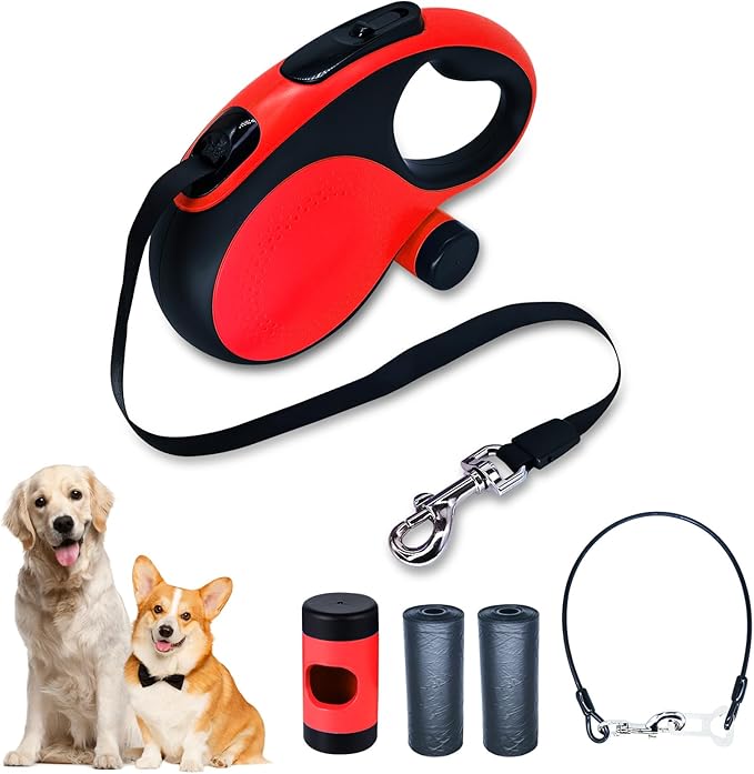 Retractable Dog Leash with Chew Proof Cable, 26ft Heavy Duty Dog Leash for Medium Large Dogs up to 110lbs, Strong Nylon Strap That Won't Tangle,360° No Tangle, one-Hand Brake.(Red, 26Ft)