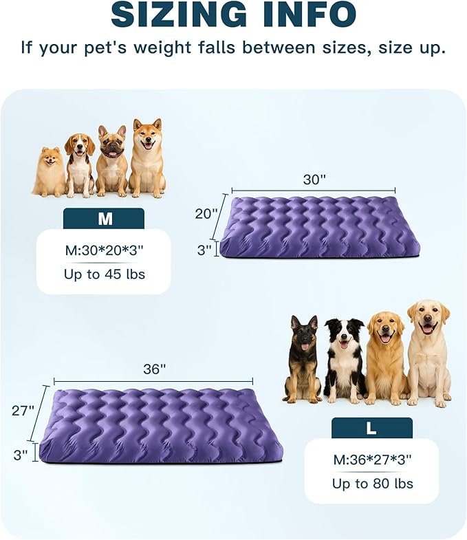Orthopedic Dog Bed Outdoor Waterproof Dogs Crate Bed for Large Medium Small Dogs, Washable Cooling Dog Bed Mat with Removeable Cover & Memory Foam（41" x 27", Purple