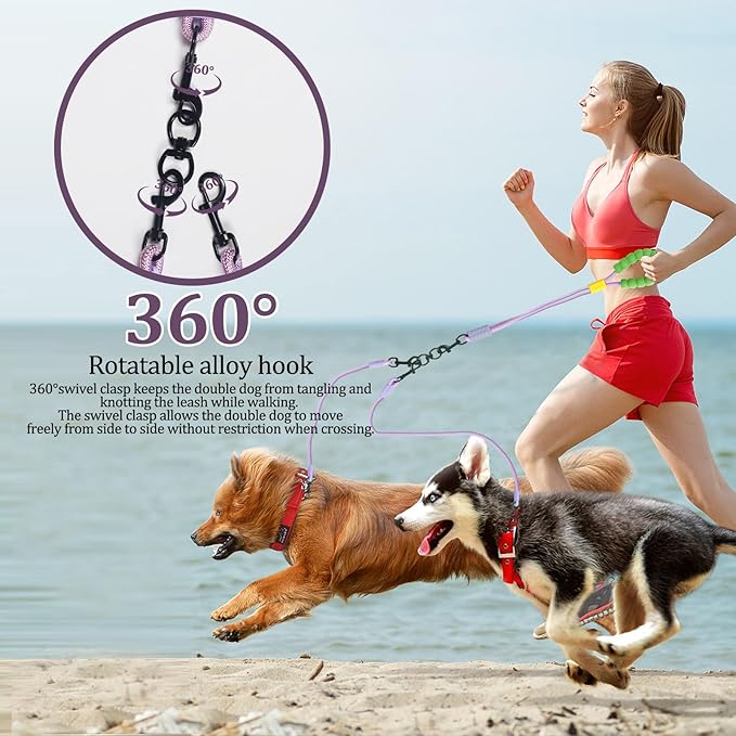Double Dog Leash No Tangle, Adjustable Split Leads Three Pet Walking Leash with Comfortable Padded Handle for Three Dogs, Hands - Free Three Leashes for Small/Medium Pets (Purple, Three Leashes)