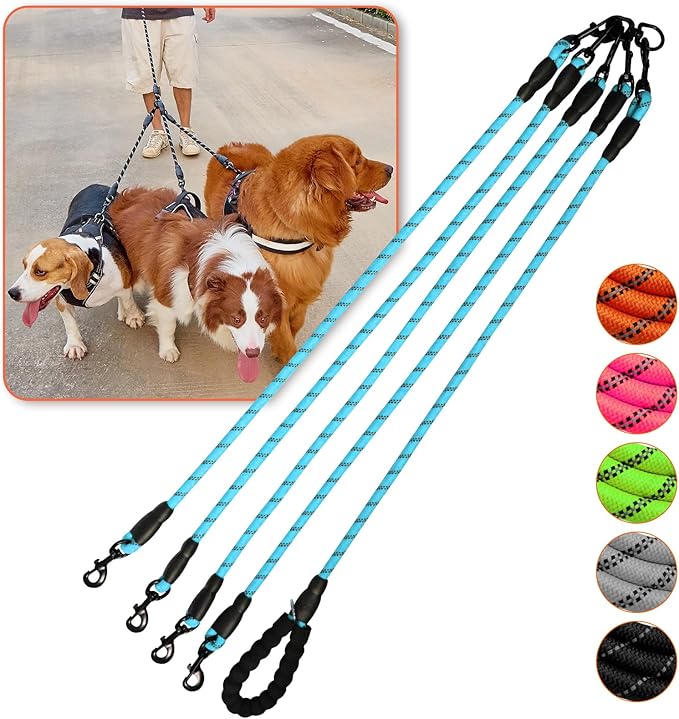 4 Way No Tangle Dog Leash - 360° Swivel Leash for Four Dogs, Reflective Design for Small Medium Large Dogs (Blue, 4 Way)