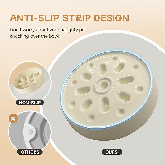 Ceramic 0.9 Cup Raised Slow Feeder Dog Bowl Set, Elevated 6.1inch Slow Dish and 6.1inch Water Bowl with Wooden Stand for Small Dogs (2 x Beige+ Stand)