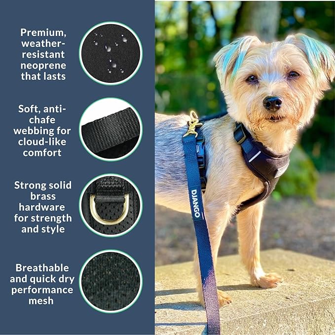 DJANGO Adventure Dog Harness - Stylish and Comfortable Small Dog Harness for Outdoor Adventures and Everyday Wear - Black Neoprene Adjustable Harness for Dogs with Reflective Piping and Brass D-Ring