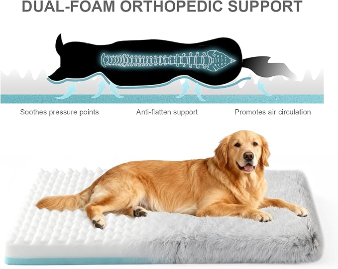 Orthopedic Dog Bed for Medium Dogs, Dual-Layer Memory & Egg-Crate Foam, Washable Warm Winter Plush Cover, Waterproof Liner, Non-Slip Bottom, Crate/Kennel Pad, 35 x 22 Inch, Gray
