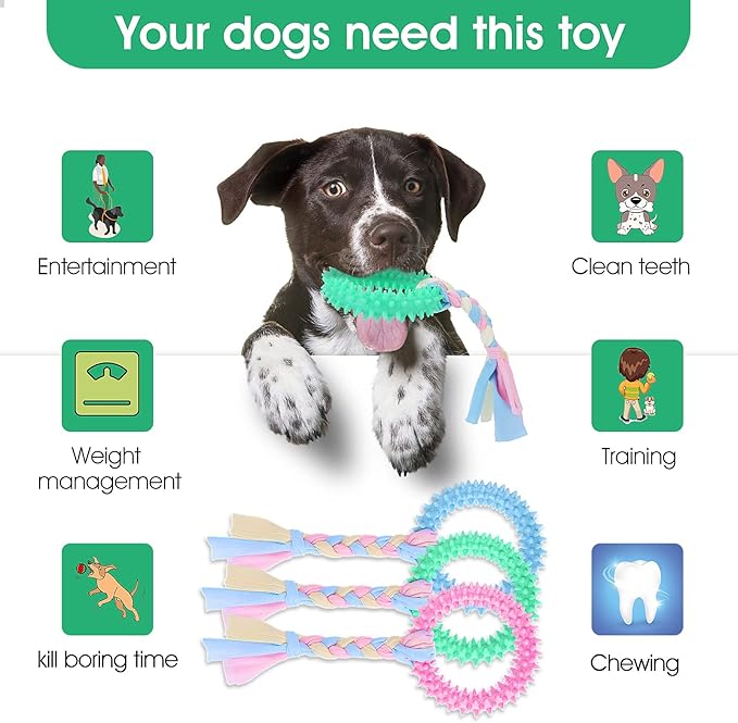 TIESOME Puppy Teething Toys with Cotton Ropes, 3 Pcs Rubber Small Dog Chew Toy Rings Aggressive Chew Toys for Dogs Oral Teeth Soothe Itching Puppy Chew Toys Interactive Pet Toys for Small/Medium Dogs