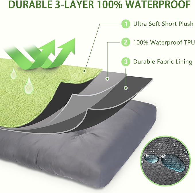Dog Crate Bed Waterproof Deluxe Plush Dog Beds with Removable Washable Cover Anti-Slip Bottom Pet Sleeping Mattress for Large, Medium, Jumbo, Small Dogs, 35 x 22 inch, Green