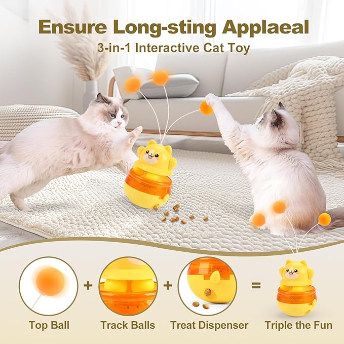 Interactive Cat Wobble Toy with Teaser Wand, Treat Dispensing Puzzle Feeder (No Treats Included), Enrichment Toy for Indoor Cats, Anxiety Relief & Solo Play