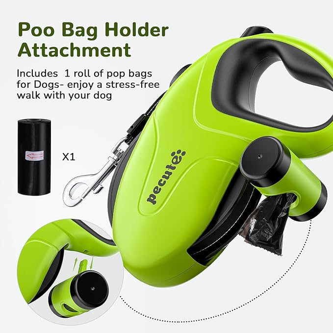 Pecute 26ft Retractable Dog Leash with Reflective Strips, 360° Tangle-Free, One-Button Control & Sturdiness Nylon Material, Long Leash Retractable with Poop Bag Holder for Medium Large Dog