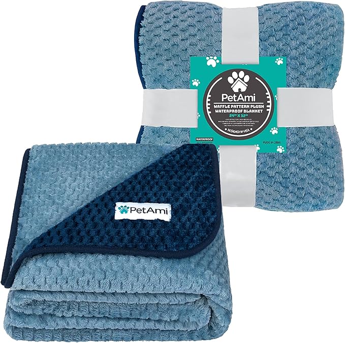 PetAmi Waterproof Dog Blanket, Leakproof Puppy Blanket for Small Medium Dogs, Furniture Sofa Couch Cover Protector, Fleece Pet Throw Indoor Cat Kitten, Reversible Washable Soft Plush, 24x32 Navy Blue
