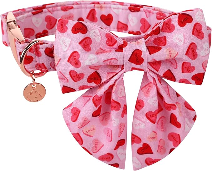 DOGWONG Valentine's Dog Collar with Sailor Bowtie - Pink Heart Adjustable Cotton Heart Dog Collar - Perfect for Small, Medium, Large Dogs