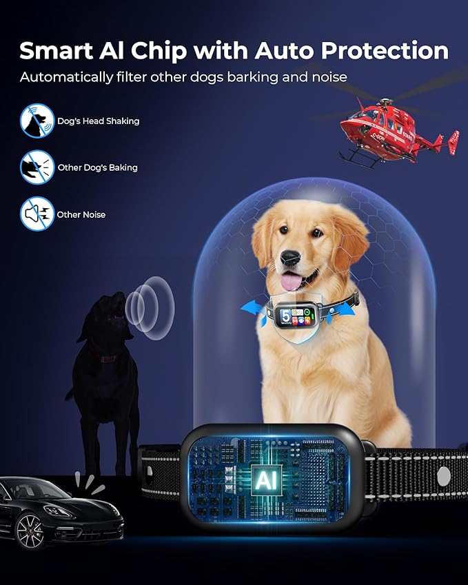 Dog Bark Collar 1-Second Quick Bark Stopping, Smart Humane Training Collar with Beep Vibration & Shock, Rechargeable Ultra-Light, IP67 Waterproof, 5 Adjustable Sensitivity for Small/Medium/Large Dogs