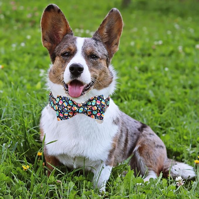 DOGWONG Easter Day Dog Collar-Cute Black Easter Dog Collar with Bow, Cotton Eggs Dog Collars with Metal Buckle for Small Medium Large Dogs