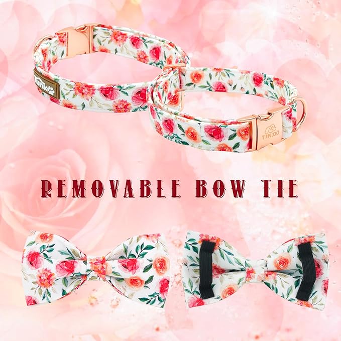 Tunkoo Flower Dog Collar with Cute Bow Tie and Rose Patterns, Adjustable Premium Durable Cotton Collar Gift for Small Medium Large Boys Girls Dogs, S