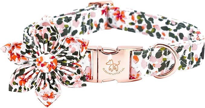 Elegant Little Tail Cute Pink Spring Flower Dog Collar with Adjustable Bowtie for Small Dogs