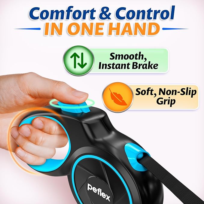 16.4 ft Retractable Dog Leash – Heavy Duty Dog Retractable Leash with Strong Nylon Tape - 360° Tangle-Free Design for Small Medium & Large Dogs up to 100 lbs – One-Click Lock - Ergonomic Comfort Grip