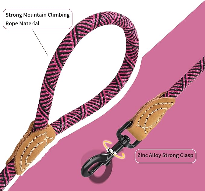 Mile High Life Rope Leash with Genuine Leather Connection, 6 FT/5 FT/4 FT, Heavy Duty Leash for Medium & Large Dogs (Hot Pink, 60 Inch)
