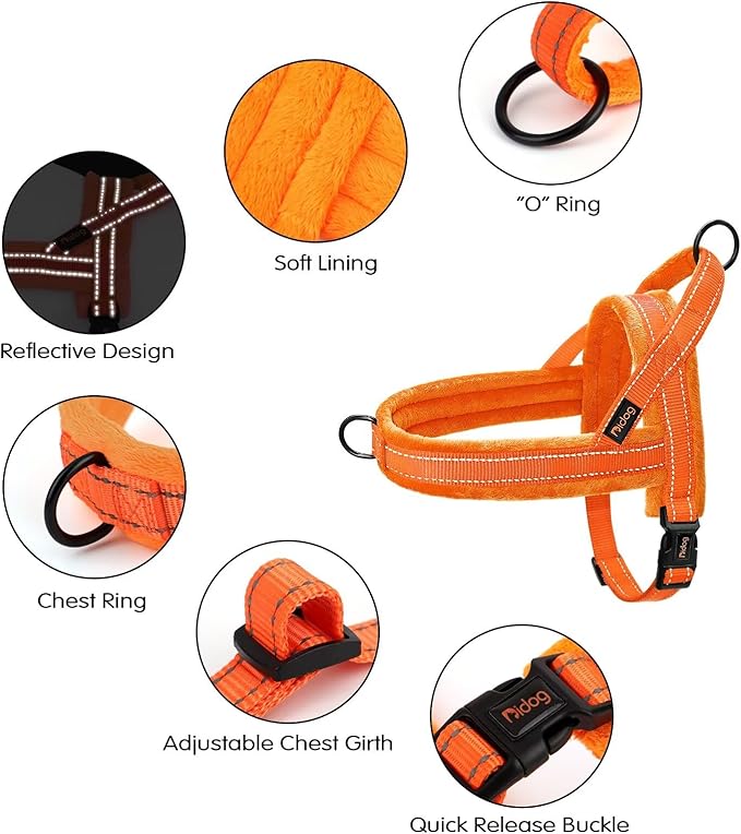 Didog Soft Flannel Padded Dog Vest Harness, No Pull/Quick Fit Reflective Dog Strap Harness, Easy for Training Walking (L:Chest 26-32", Orange)