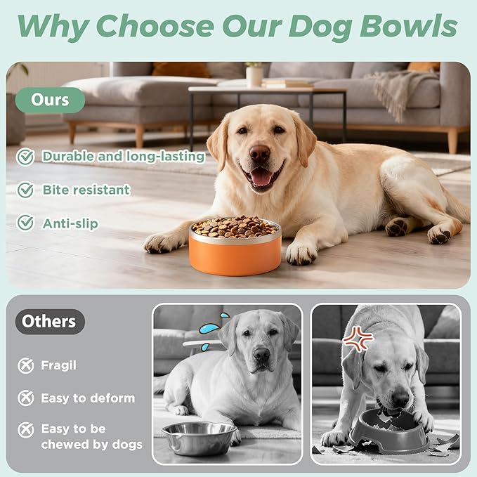 LIHONG Stainless Steel Dog Bowls for Large Dogs,Dog Food Water Bowls with Non Slip Rubber Bottom,Pet Feeding Bowl,Double Wall Insulated,Rustproof(64oz,Orange)