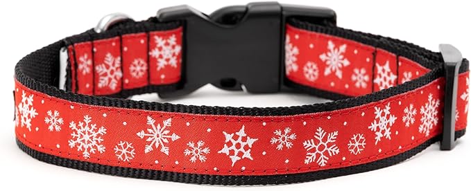 THE WORTHY DOG Adjustable Holiday Dog Collar for Large Dogs, Durable Nylon Webbing, Quick Release Buckle, Let It Snow Christmas Pattern, Red, X-Large