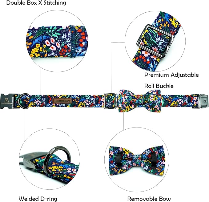 Lionheart glory Dog Collar Darkblue Flower Dog Bow Collar Floral with Bow Adjustable Soft Pet Collars Male or Female Spring Summer Collars for Small Dogs Puppy