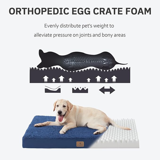 Bedfolks Orthopedic Dog Bed for Large Dogs - Egg Foam Dog Crate Bed with Removable Waterproof Cover, Pet Bed Mat Suitable for Dogs and Pets Up to 50 lbs (35 x 22 x 3 inches, Navy)