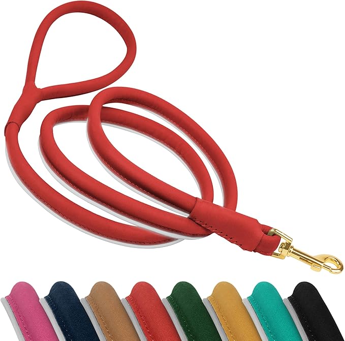 OOPSDOGGY Reflective Rolled Leather Dog Leash 6ft - Soft Training Lead for Small Medium Large Dogs Puppy - Heavy Duty Rope Puppies Leash for Outdoor Walking Running (Red, Medium/Large)
