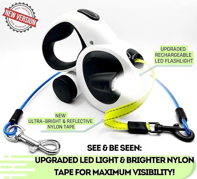 Snuggle Paws 16ft Retractable Dog Leash – All-in-One with LED Flashlight, Poop Bag Holder, Heavy Duty Chew-Proof Steel Cable & Reflective Tape – Compact, No-Tangle Leash for Small Dogs up to 44 lbs