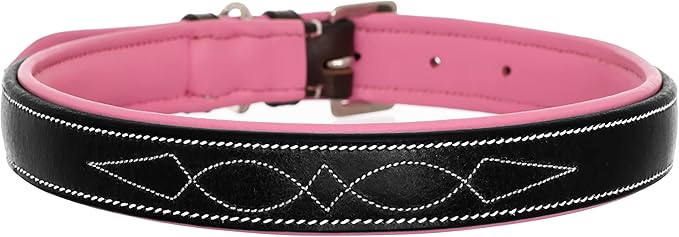 Exion Geniun Leather Dog Collar Designer Stitched Soft Leather Padded- Suitable for Small Medium Large X-Large Dogs for Walking Running- Black with Pink Padding