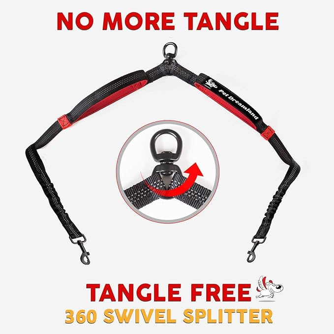 Pet Dreamland Exquisite Dual Dog Leash Coupler No Tangle Swivel. Premium Quality & Perfect for Walking Two Medium Dogs. You Will Absolutely Love This Amazing Double Attachment (Black & Red)