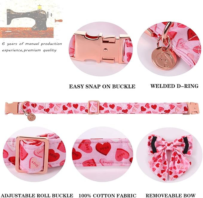 DOGWONG Valentine's Dog Collar with Sailor Bowtie - Pink Heart Adjustable Cotton Heart Dog Collar - Perfect for Small, Medium, Large Dogs
