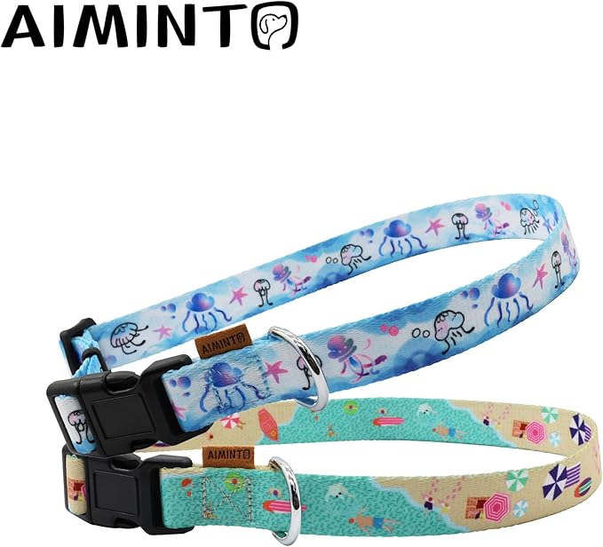 Dog Collar, Cute Jellyfish in Ocean Pattern, Soft and Adjustable Collar with Quick Release Buckle (L (Neck 16-28", Width 1"), Ocean Blue)