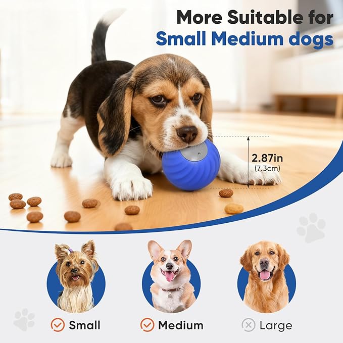 Petbobi Interactive Dog Ball, USB Rechargeable Moving Dog Toy for Treat Dispensing, 2.87" Blue Washable TPU Puzzle Ball, Interactive Dog Toys for Small & Medium Dogs, Boredom & Anxiety Relief