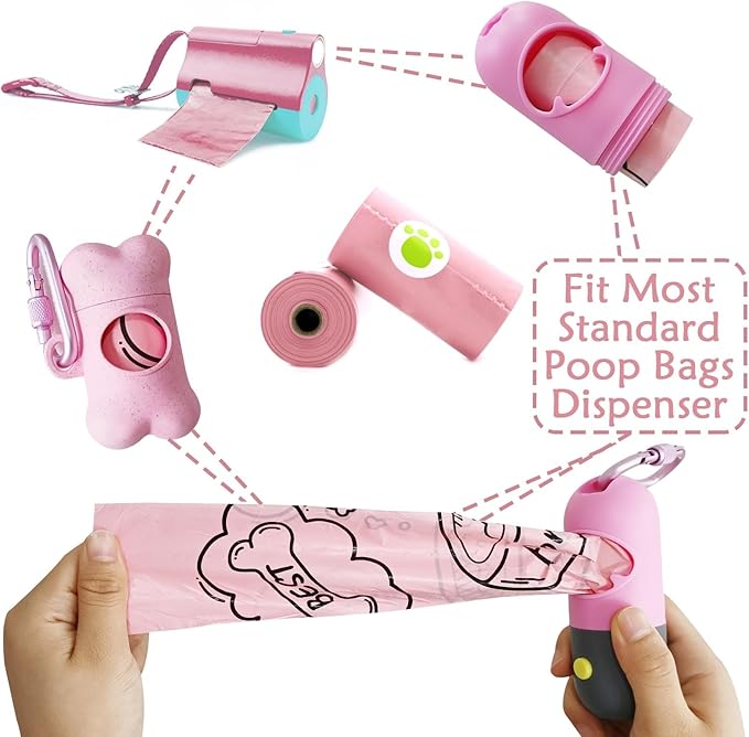 Dog Poop Bags Holder with LED Flashlight|Pet Waste Bags Dispenser for Leash|Doggie Potty Bags Container with Leak-proof Pet Trash Bags and Accessories (Pink)