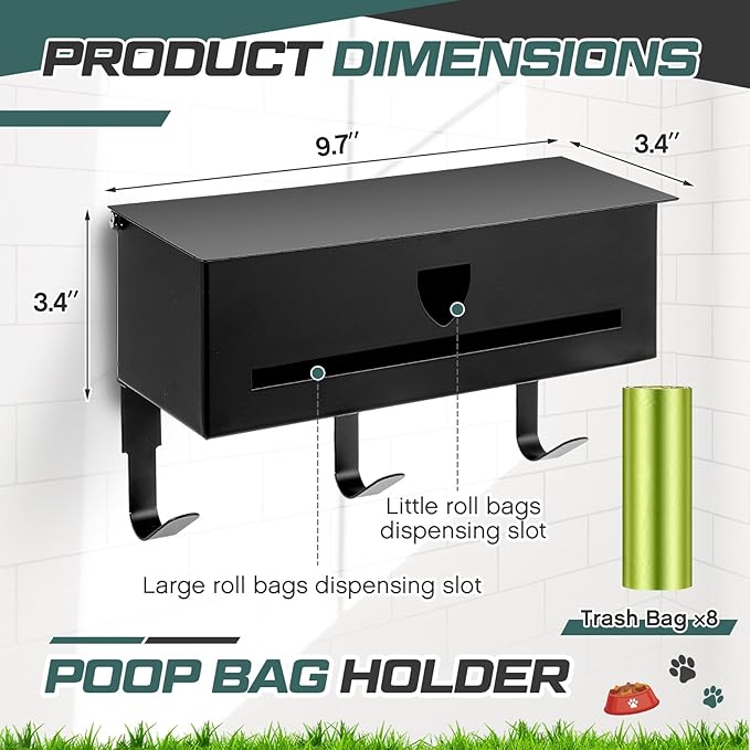 Blulu Wall Mount Dog Poop Bags Dispenser Holder with Hooks Metal 200/300 Single Large Roll Pet Waste Station Bags Dispenser for Outdoor Indoor Home Yard Doggy(Black)