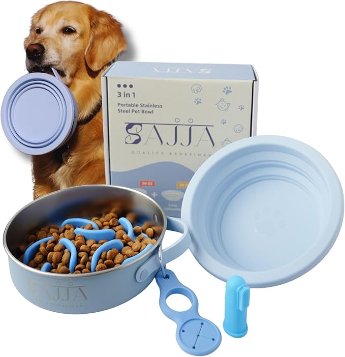 Blue Slow Feeder Travel Dog Bowl Set | 30oz Stainless Steel + 20oz Collapsible Silicone Dish | Water Bottle Holder| Non-Slip, Anti-Choking, BPA-Free | We Give Back