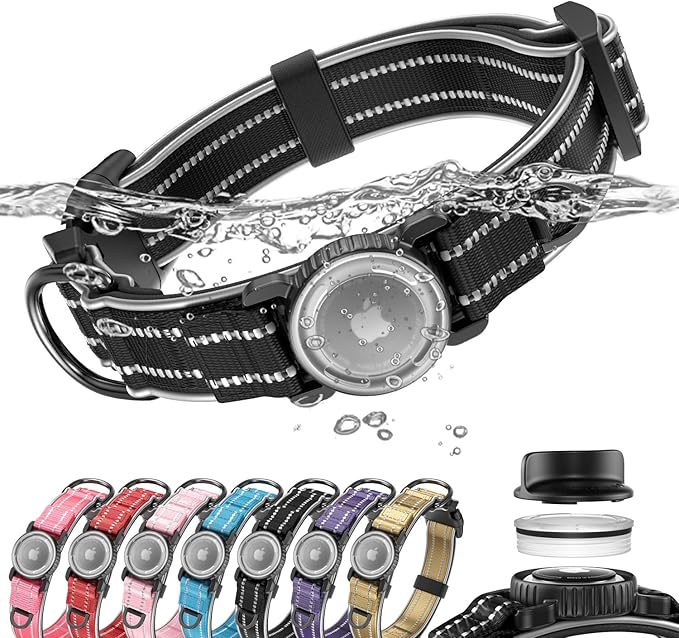 Upgrade Airtag Dog Collar,with IPX8 Waterproof AirTag Holder | Reflective Ultra-Durable | Soft Padded | Lock Buckle | Heavy Duty | Fit Small Medium Large Dogs（Black1，XL(19"～27")）