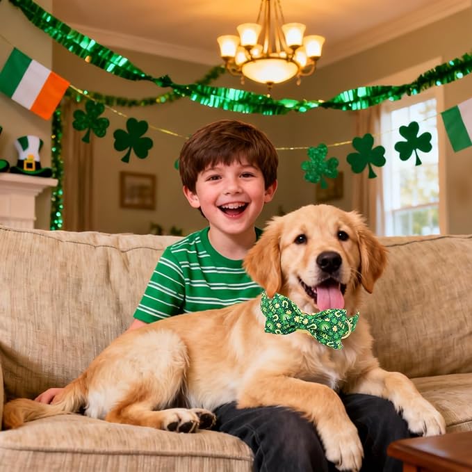 DOGWONG St. Patrick's Day Dog Collar with Bow Tie- Lucky Shamrock Bowtie Collar for Girl Boy Dog, Trefoil Dogs Collars Durable Adjustable, S