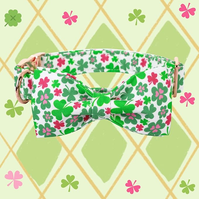 Elegant little tail St Patrick's Dog Collar - Green Lucky Clover Cotton Shamrock Pet Collar Bowtie Cute Collars with Bow Adjustable Pet Collars for Medium Dogs