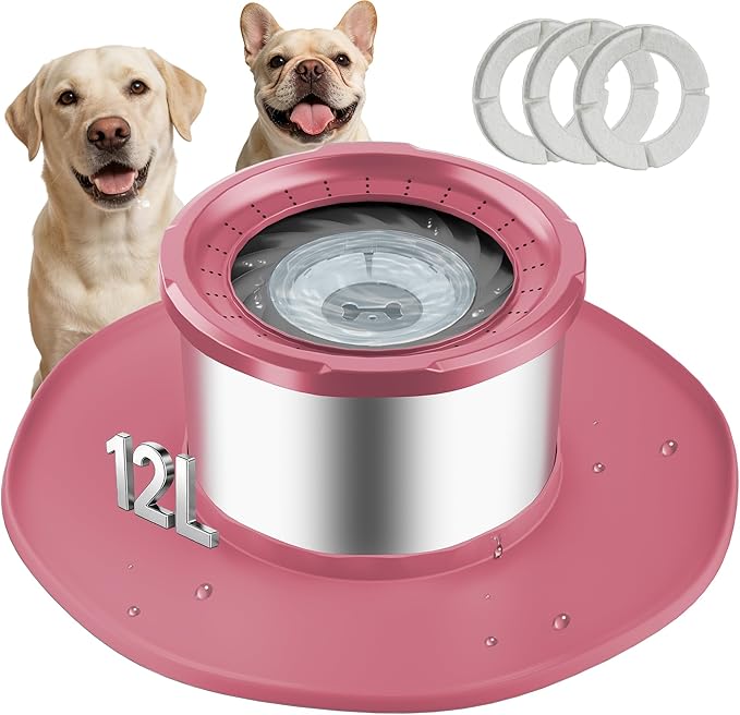 Decflow 12L No Spill Dog Water Bowl for Large Dogs, Stainless Steel Spill Proof Bowls with Suction Cup Anti-Skid Mat, Slow Feeder for Messy Drinkers, Heavy Duty Pet Bowls for Indoor/Outdoor Pink