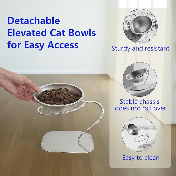 Elevated Cat Bowls,15 Degree Inclined Stainless Steel Cat Bowls,Detachable Metal Bracket,Protect The Cervical Spine,Prevent Vomiting,Ergonomic Design for Healthy Eating & Digestion