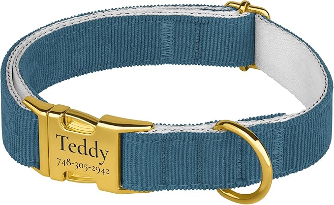 Personalized Dog Collar with Gold Metal Buckle, Velvet Custom Dog Collars for Small, Medium & Large Dogs – Puppy Collars with Metal Buckle, 4 Sizes, 8 Colors (Denim, XL, 19"-24")