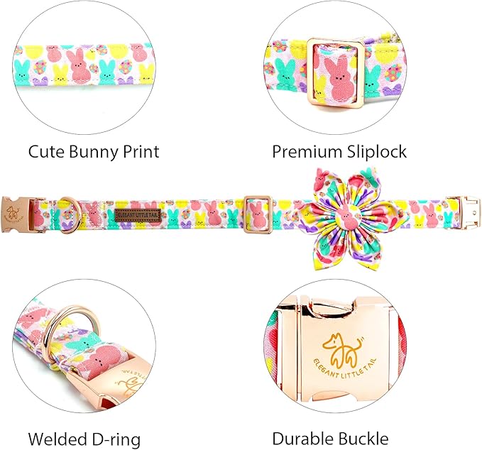 Elegant little tail Easter Dog Collar, Pink Bunny Print Pet Collars with Flower Girl Boy Pet Collar Flower Spring Collar Holiday Adjustable Dog Collar for Small Puppy