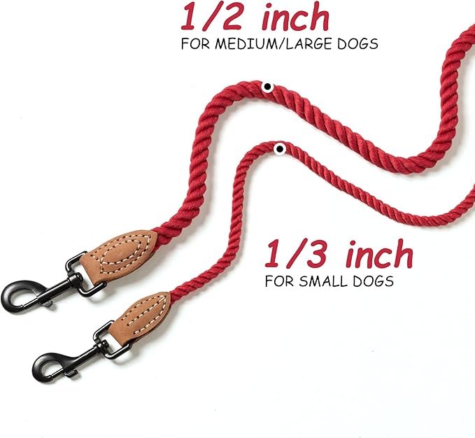Mile High Life Dog Leash, Braided Cotton Rope Leashes with Leather Tip - Heavy Duty Metal Clasp, 6FT, 1/3" Thick - Wedding, Walking Leash for Small Medium Puppys(Red)